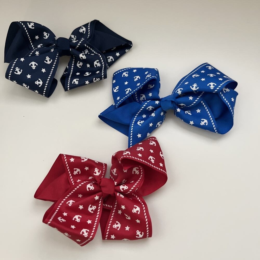 Lot Of 3 Ribbon Designed 6” Bow Clips Red Blue Light Blue Anchors Alligator